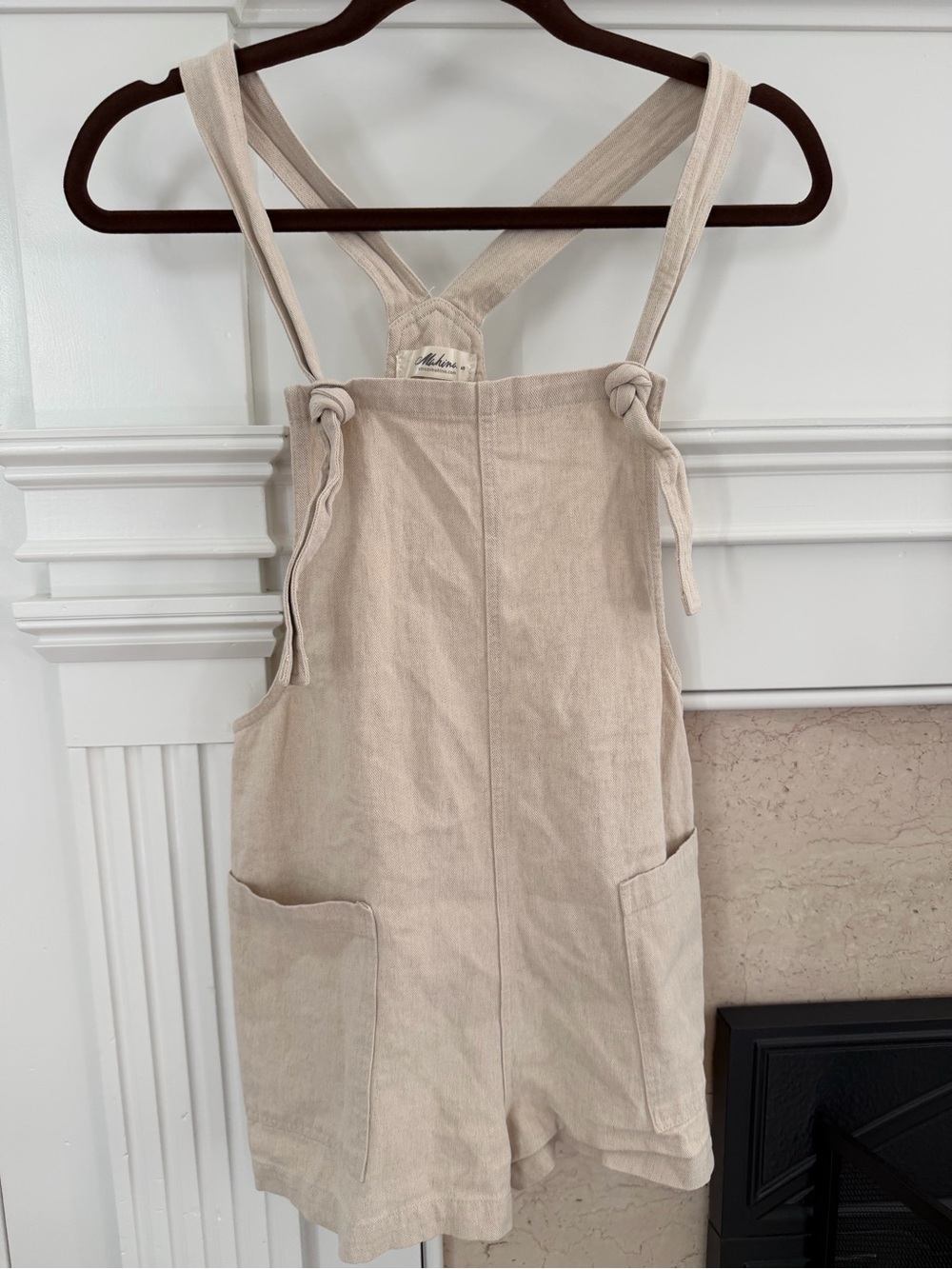 mahina Natural/Taupe Linen Romper Short Overalls with Adjustable Straps Size S